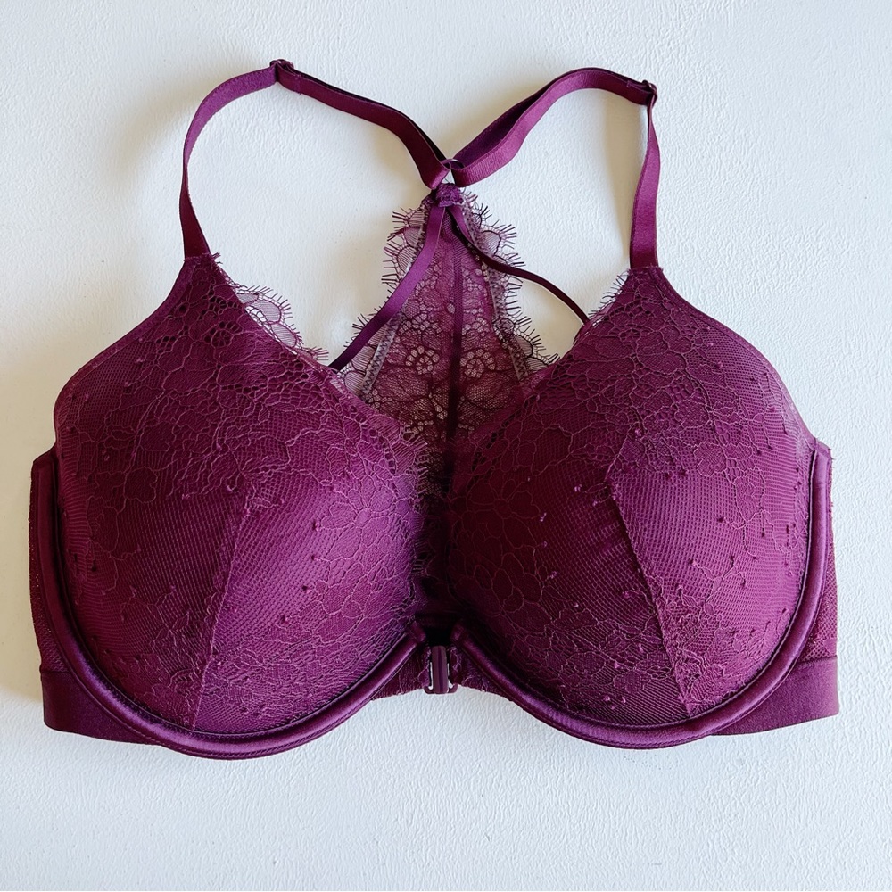 Victorias Secret Lace Purple Plunge Front Closure Bra Size 34DD